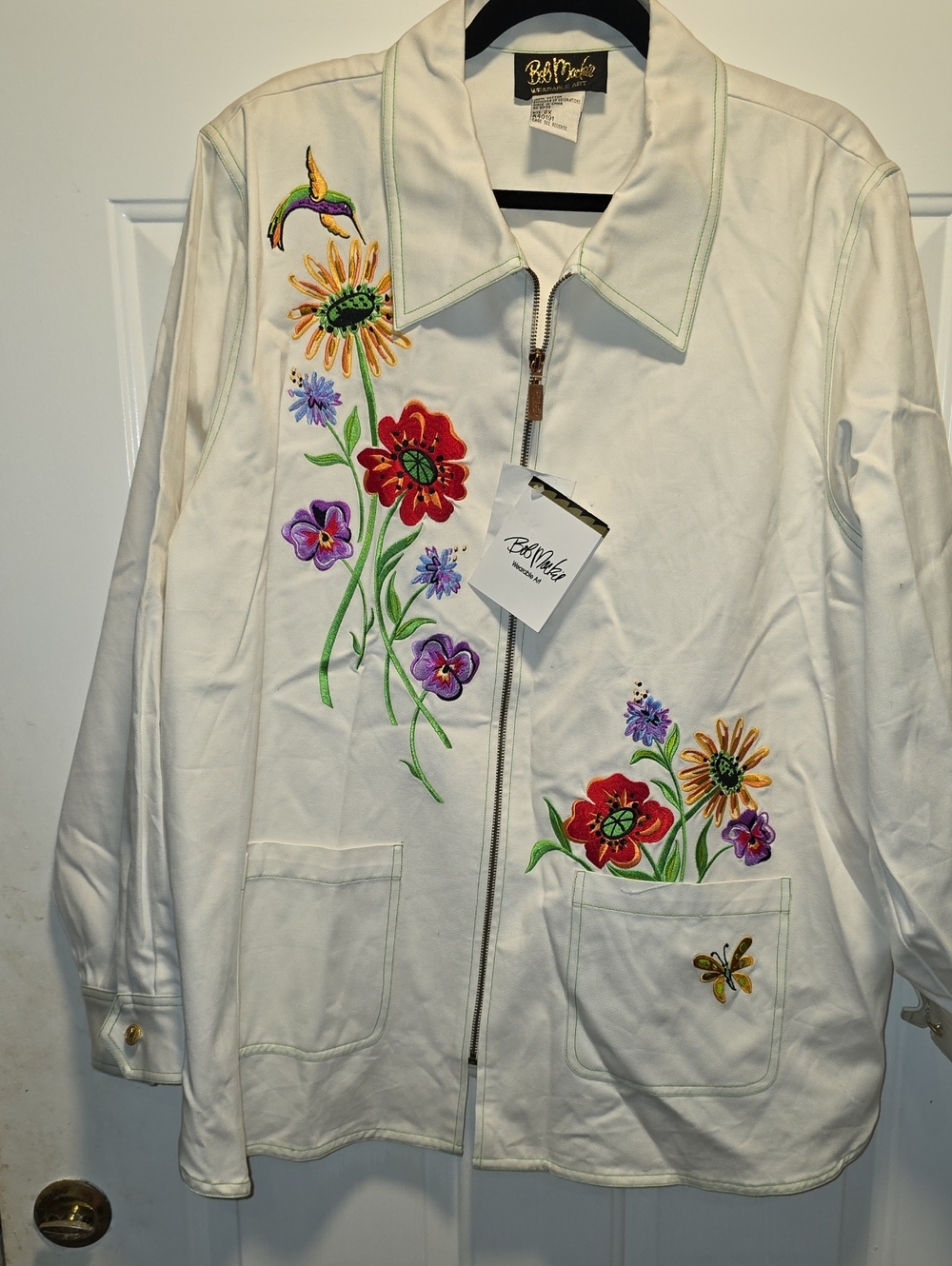 Bob Mackie White Embroidered Floral Zip Utility Jacket
